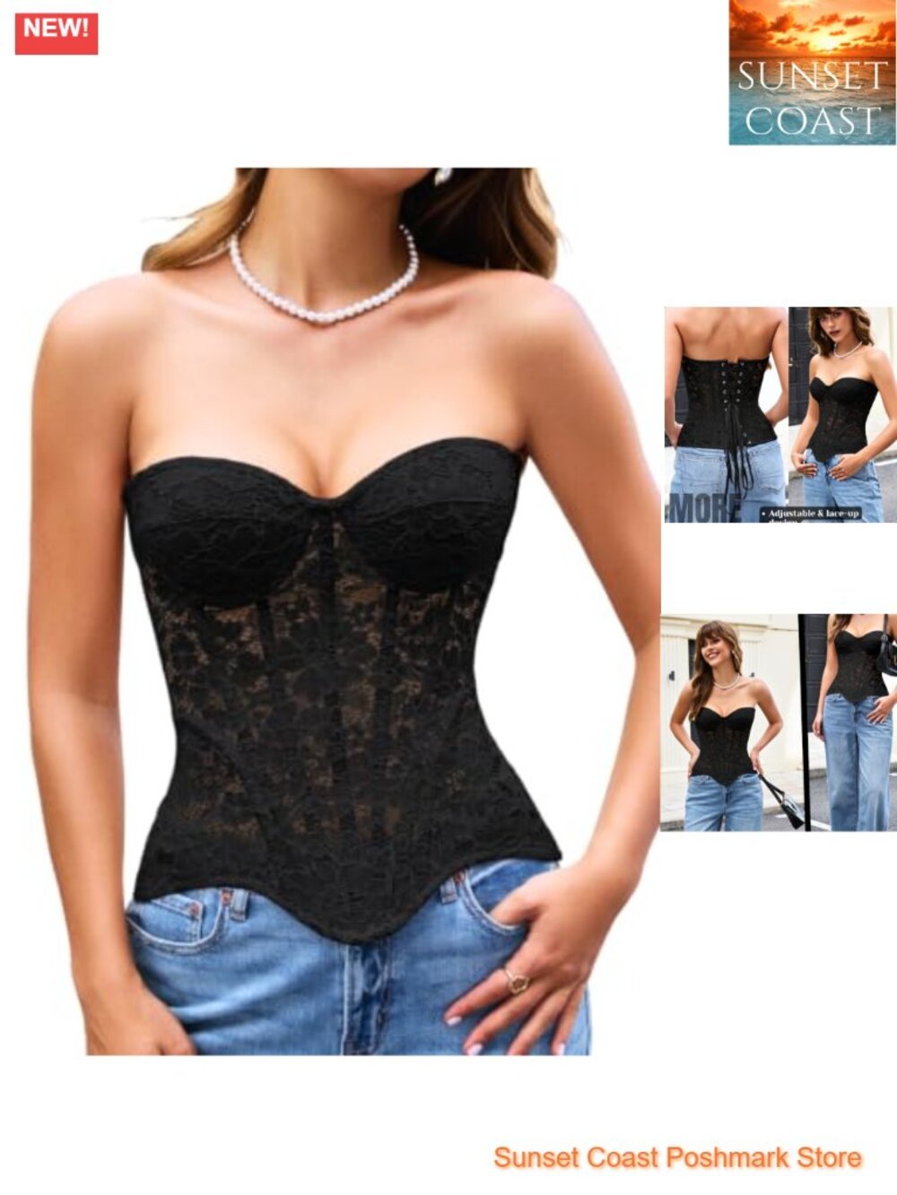 Floral Lace Corset Bustier Push-Up Boning Lace-Up Low Back Sheer
